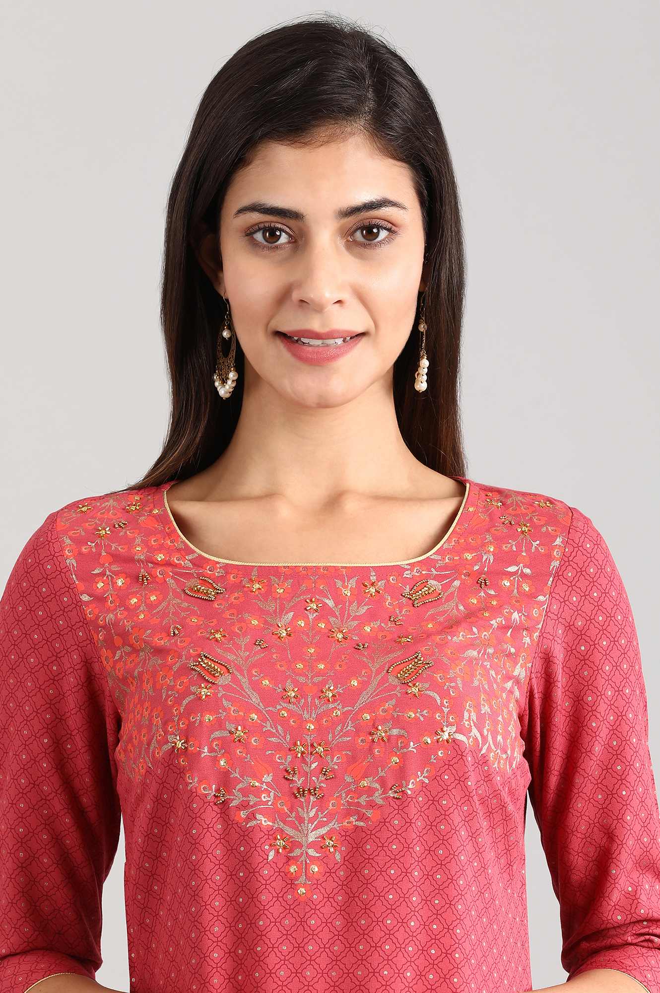 Pink Round Neck Printed Liva kurta