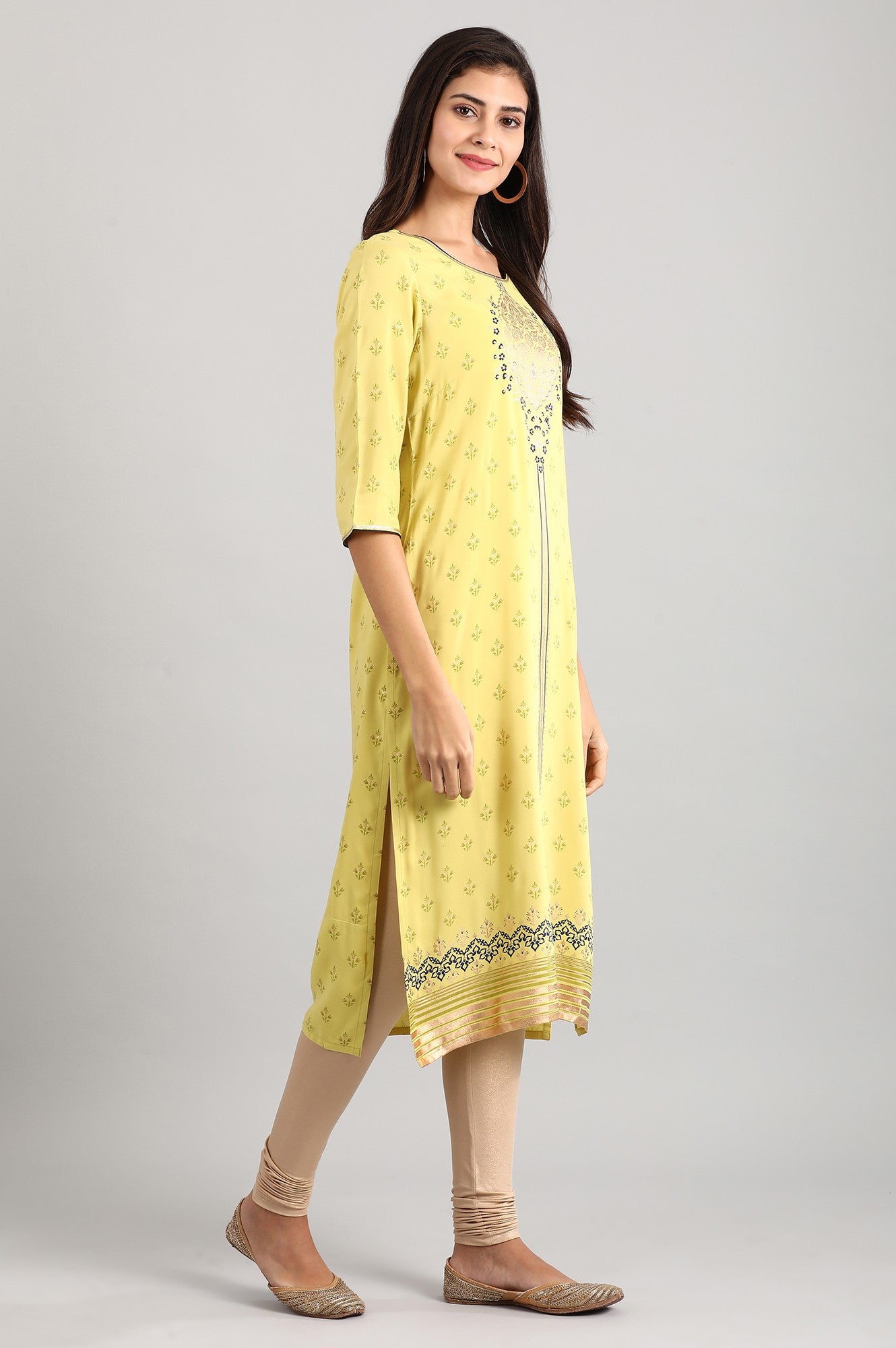 Blue Round Neck Printed Liva kurta