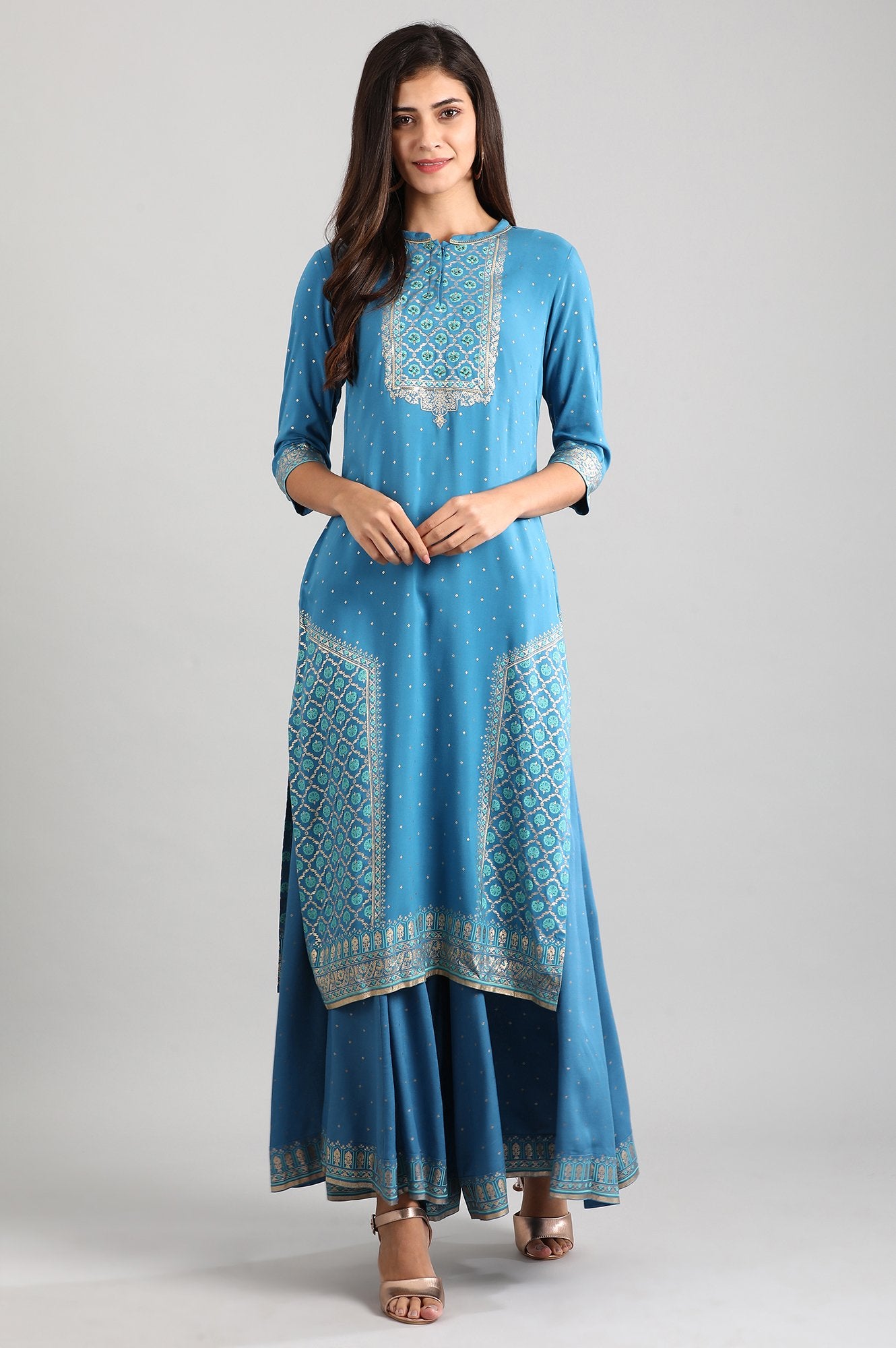 Blue Round Neck Printed Liva kurta