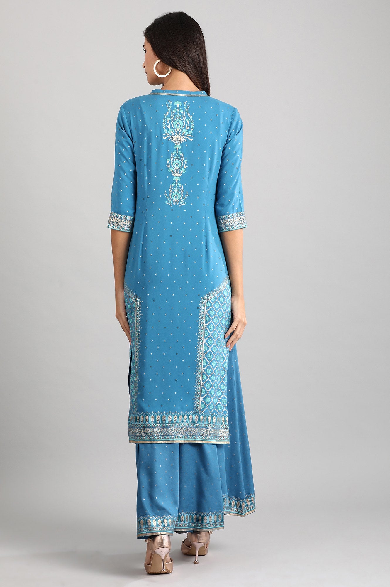 Blue Round Neck Printed Liva kurta