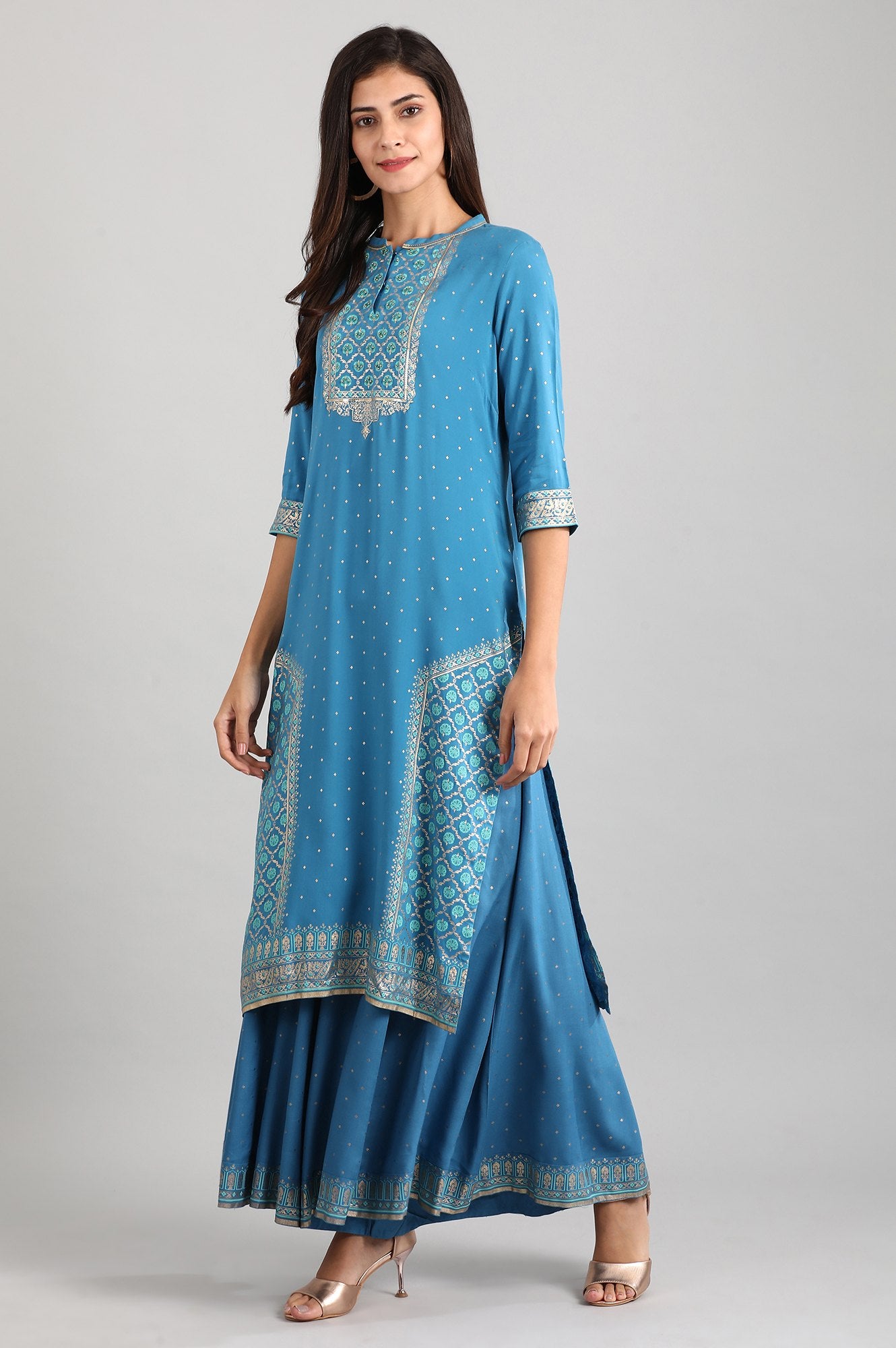 Blue Round Neck Printed Liva kurta