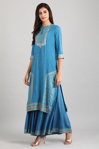 Blue Round Neck Printed Liva kurta