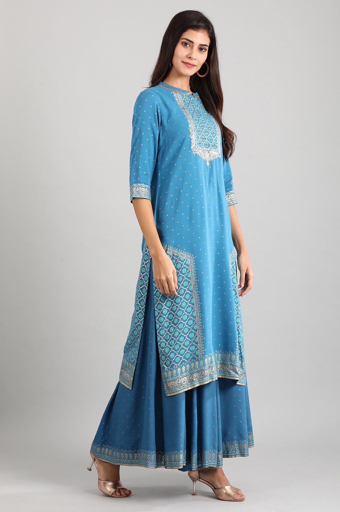 Blue Round Neck Printed Liva kurta