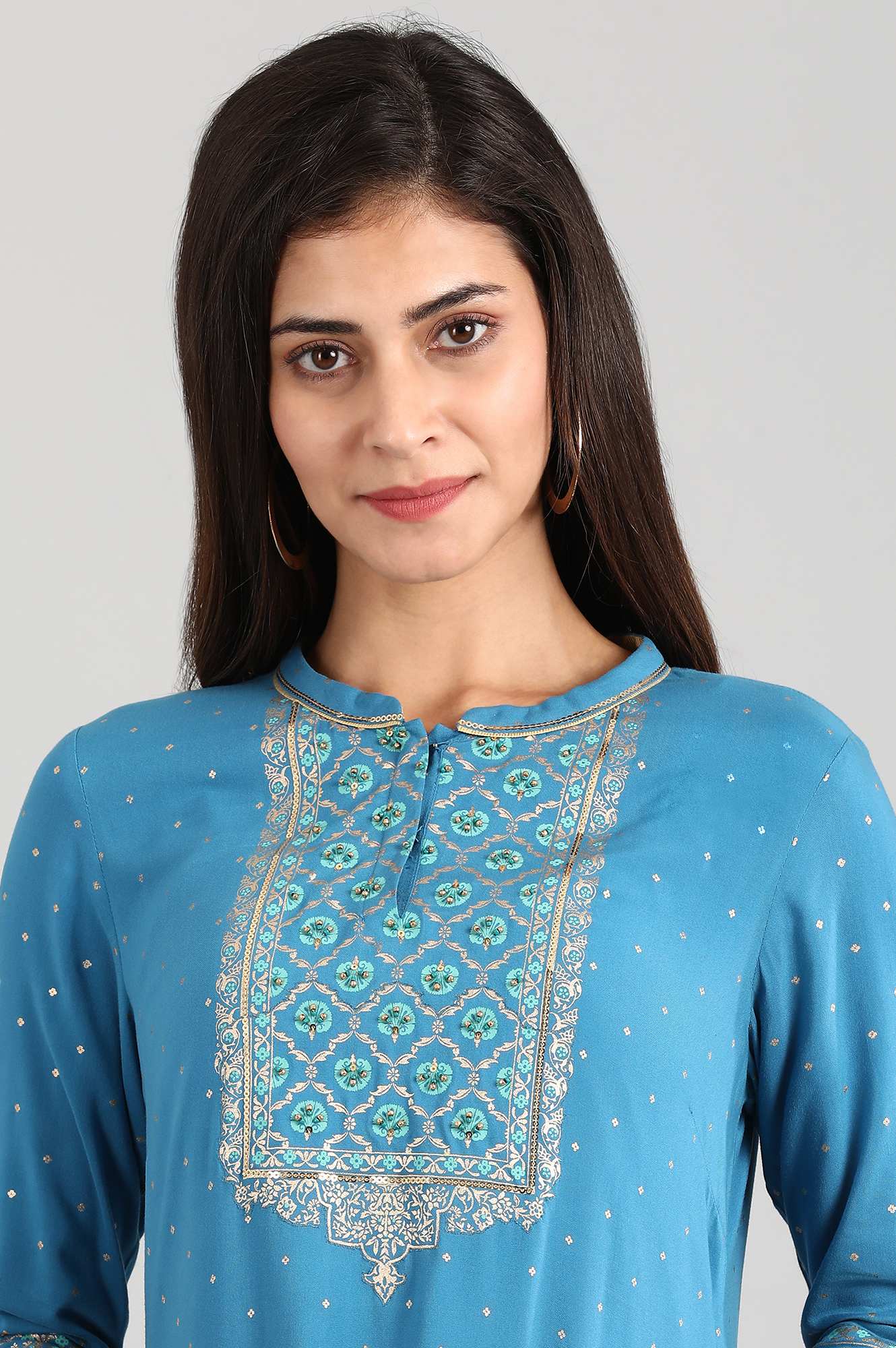 Blue Round Neck Printed Liva kurta