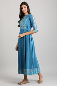 Blue Band Collar Printed Liva Dress