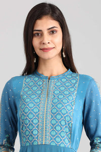 Blue Band Collar Printed Liva Dress