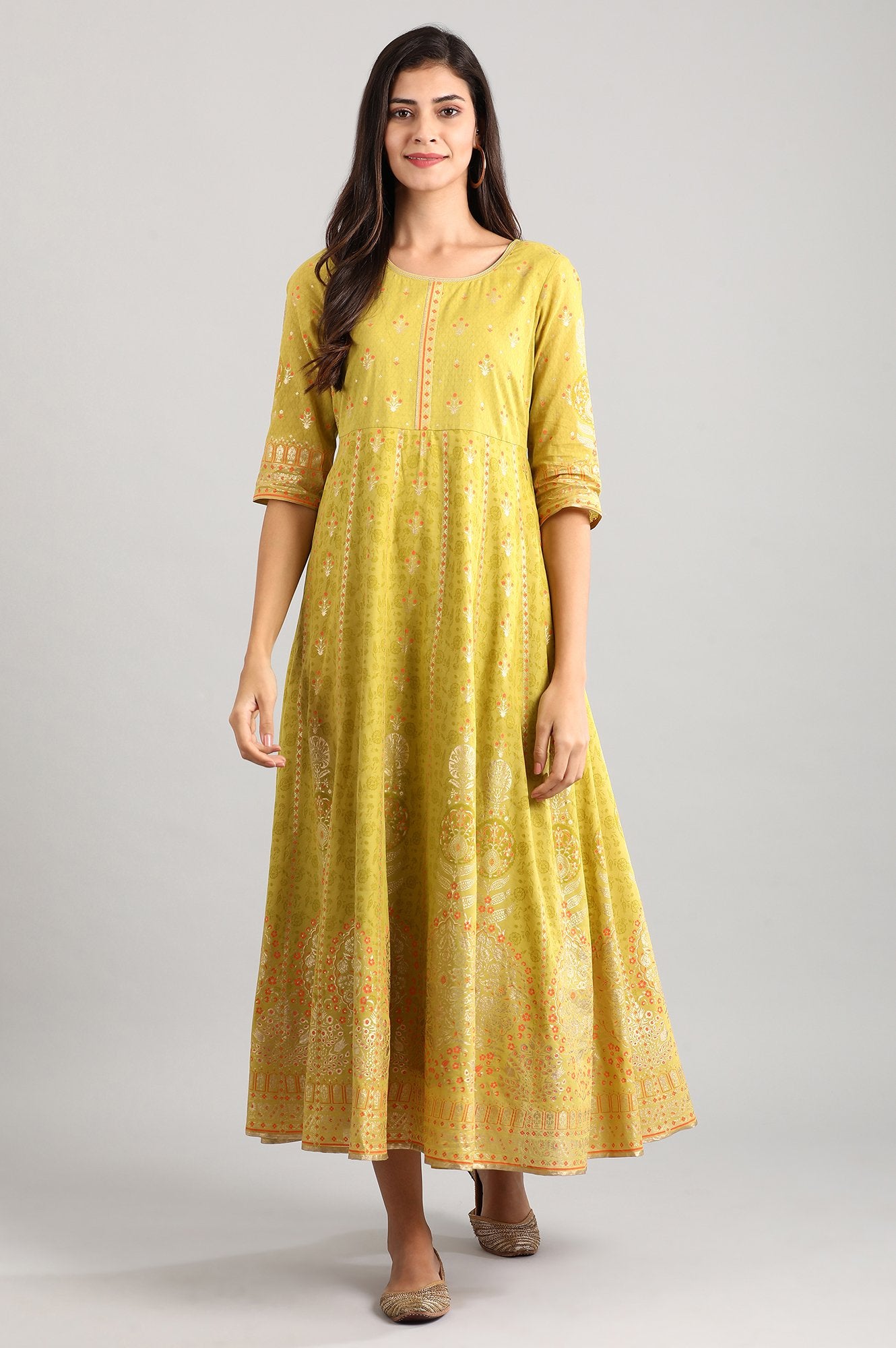 Yellow Round Neck Printed Dress