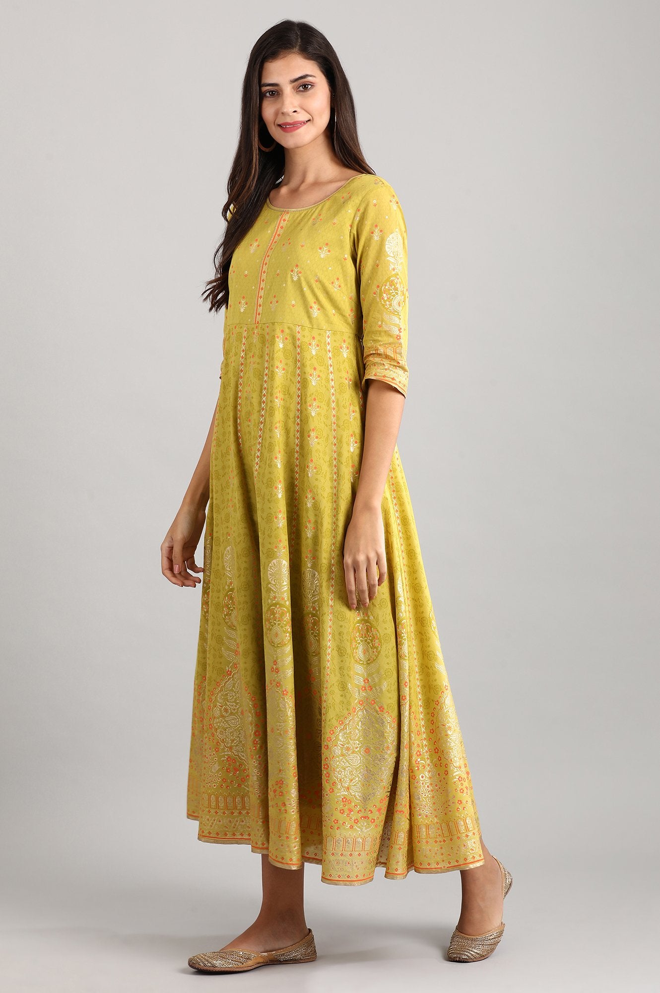 Yellow Round Neck Printed Dress