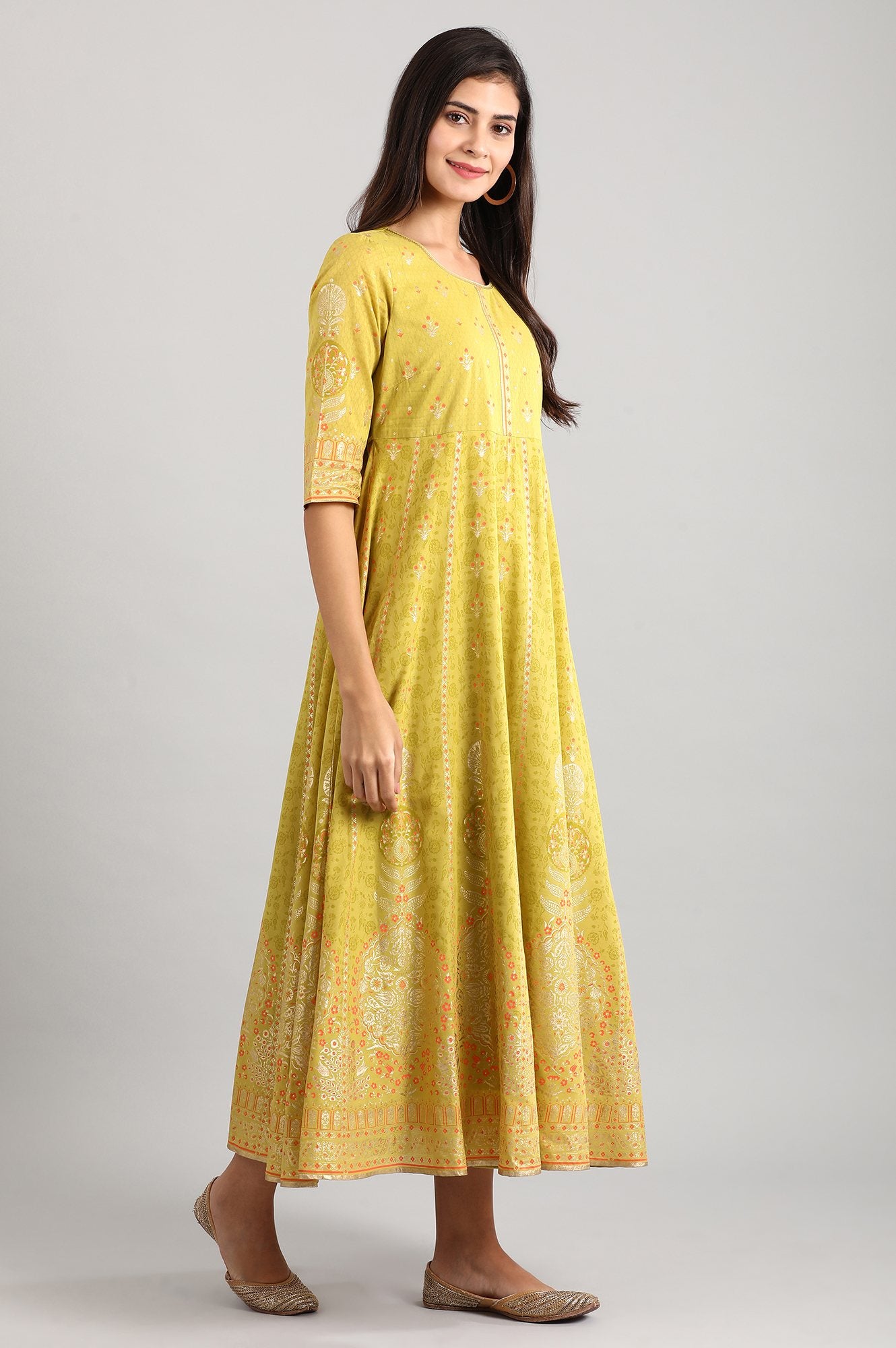 Yellow Round Neck Printed Dress