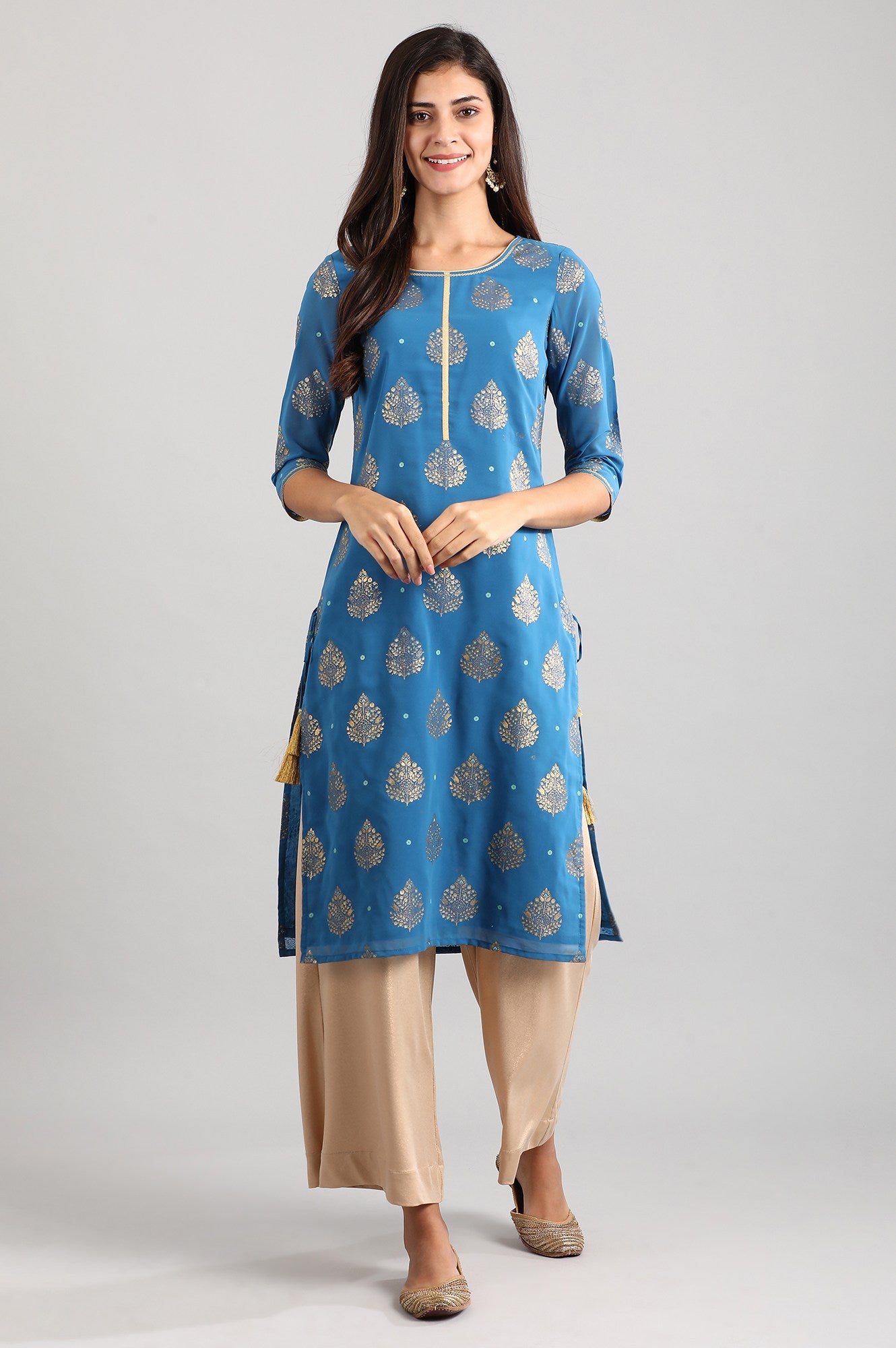 Blue Round Neck Printed Liva kurta