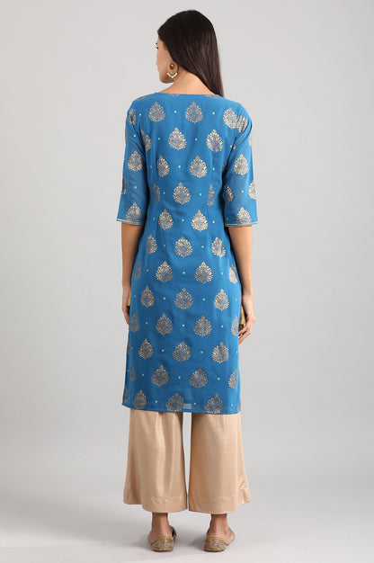 Blue Round Neck Printed Liva kurta