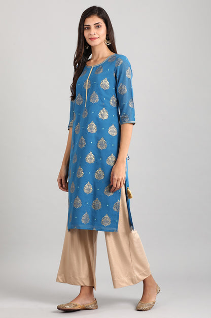 Blue Round Neck Printed Liva kurta