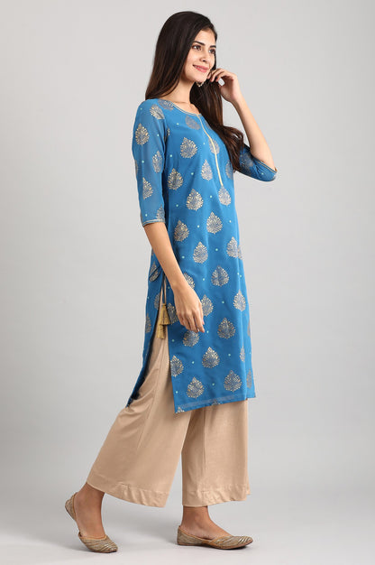 Blue Round Neck Printed Liva kurta