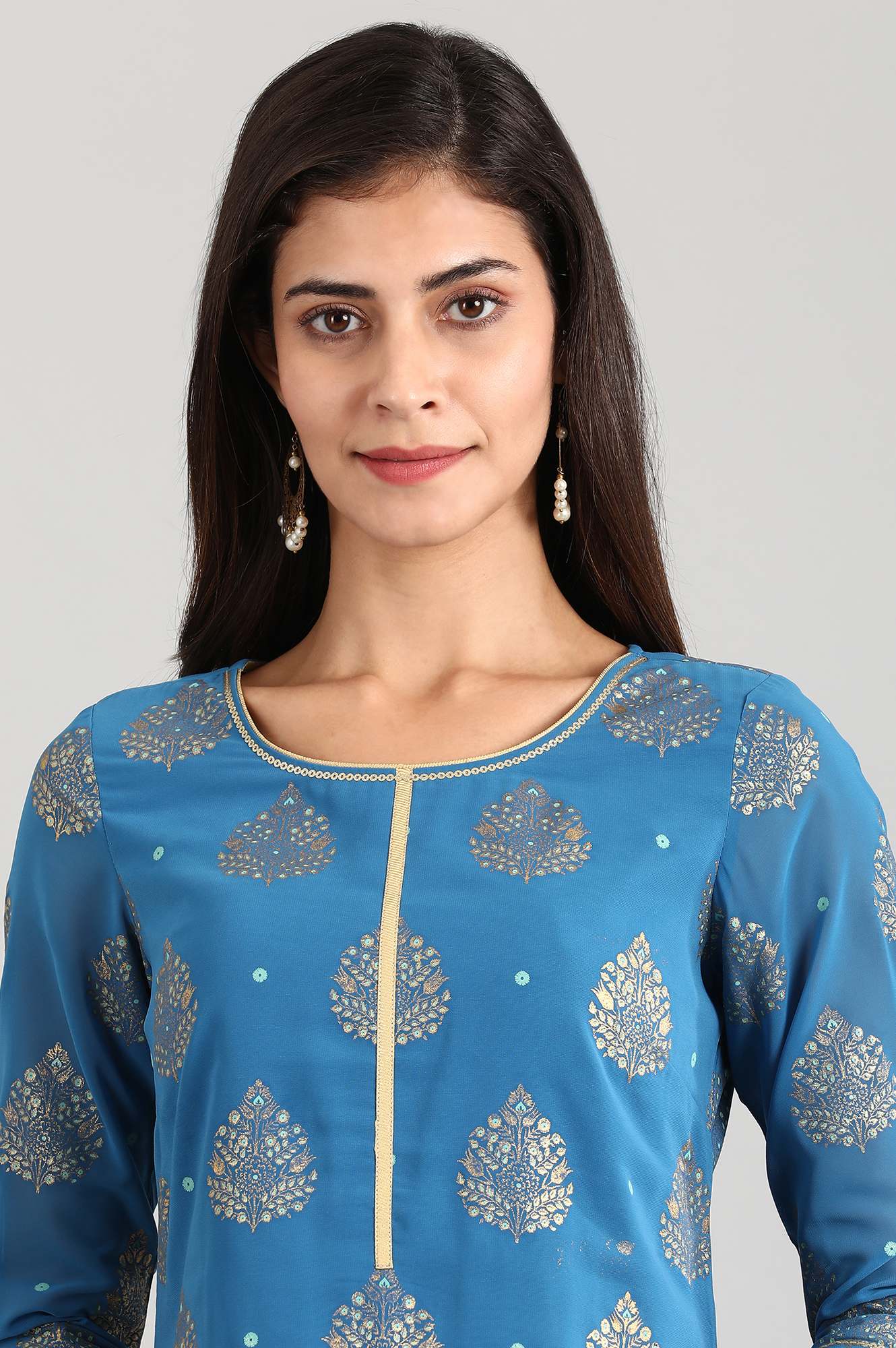 Blue Round Neck Printed Liva kurta