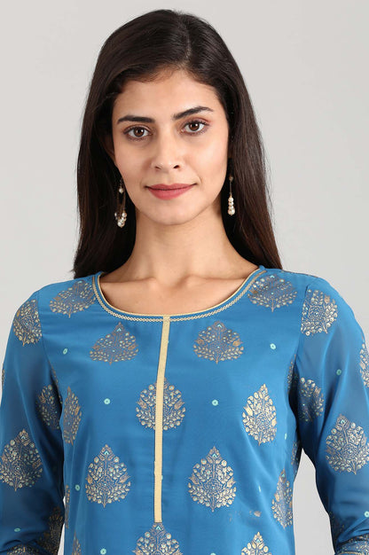 Blue Round Neck Printed Liva kurta