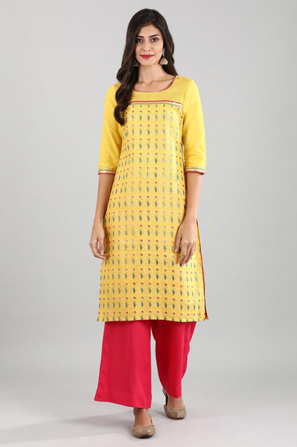 Yellow Round Neck Printed kurta