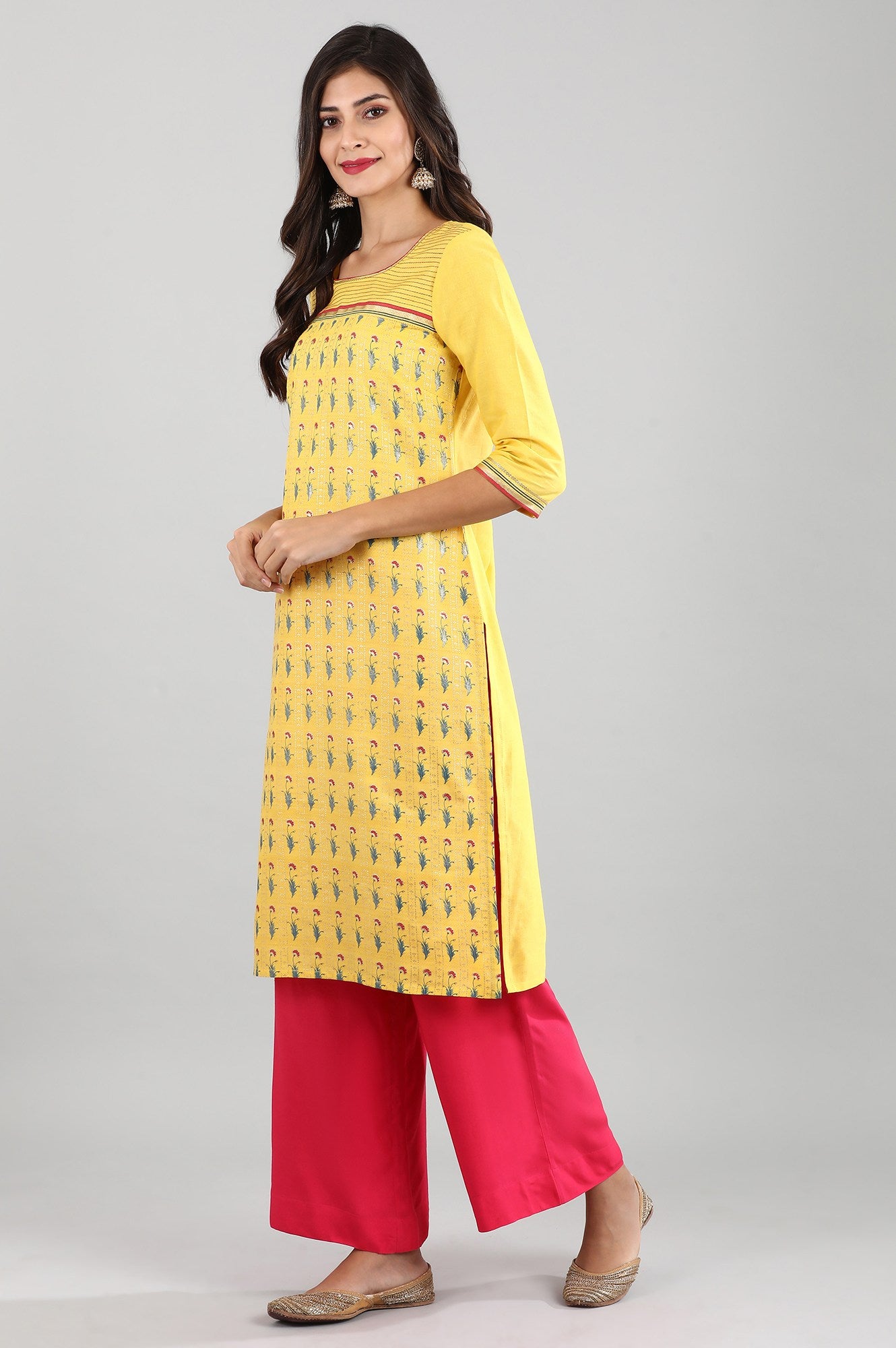 Yellow Round Neck Printed kurta