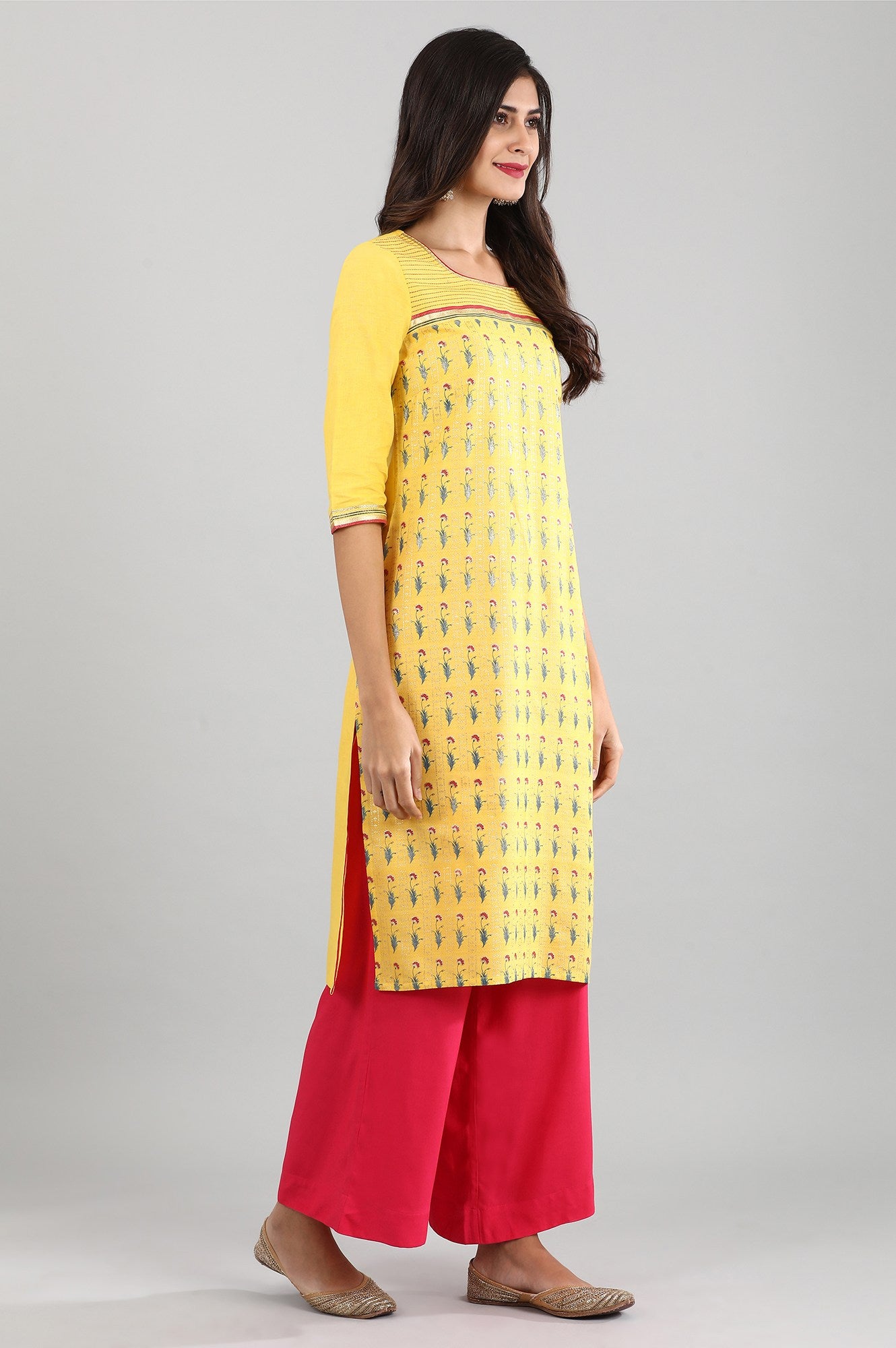 Yellow Round Neck Printed kurta