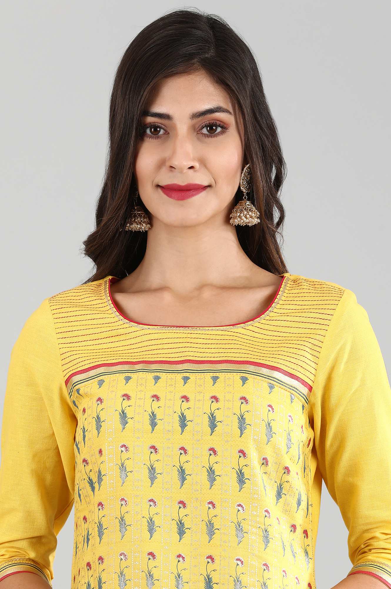 Yellow Round Neck Printed kurta