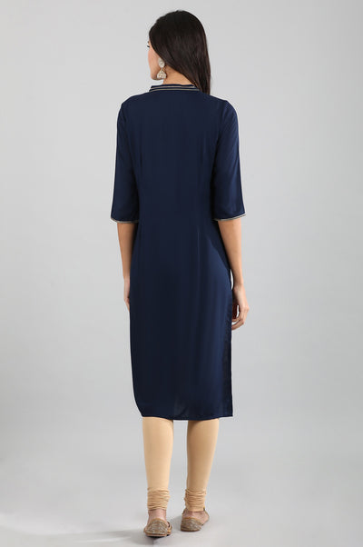 Disha's Blue Band Collar Printed Liva kurta