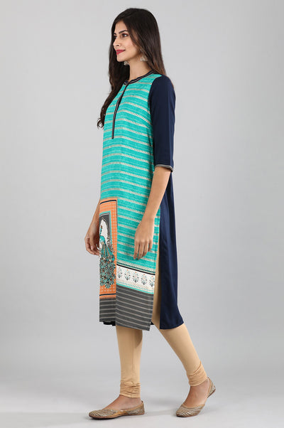 Disha's Blue Band Collar Printed Liva kurta