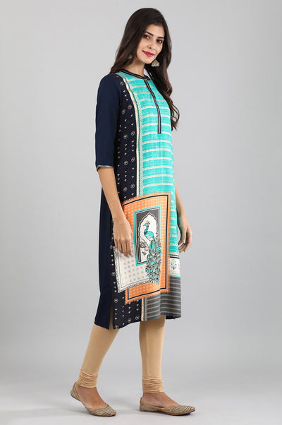 Disha's Blue Band Collar Printed Liva kurta