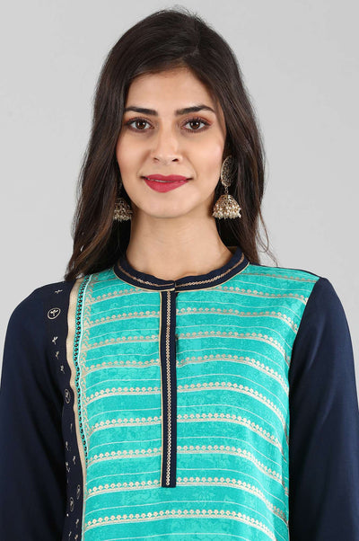 Disha's Blue Band Collar Printed Liva kurta