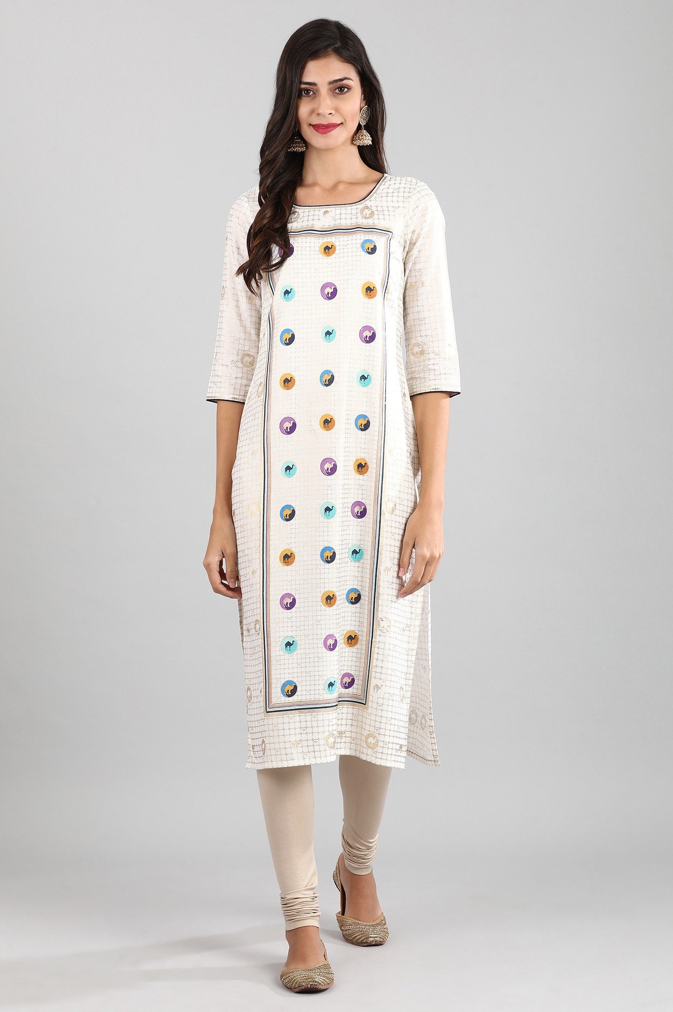 White Round Neck Printed Liva kurta