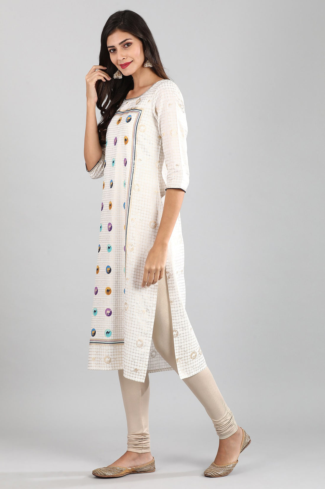 White Round Neck Printed Liva kurta