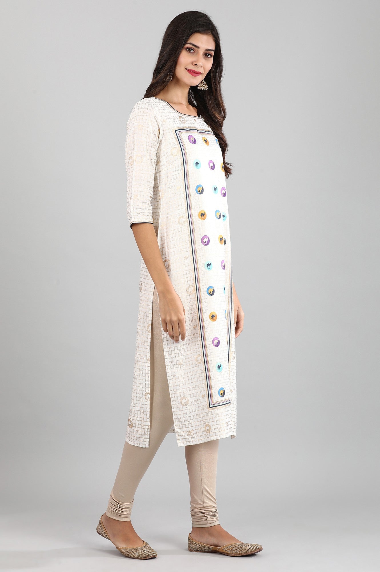 White Round Neck Printed Liva kurta