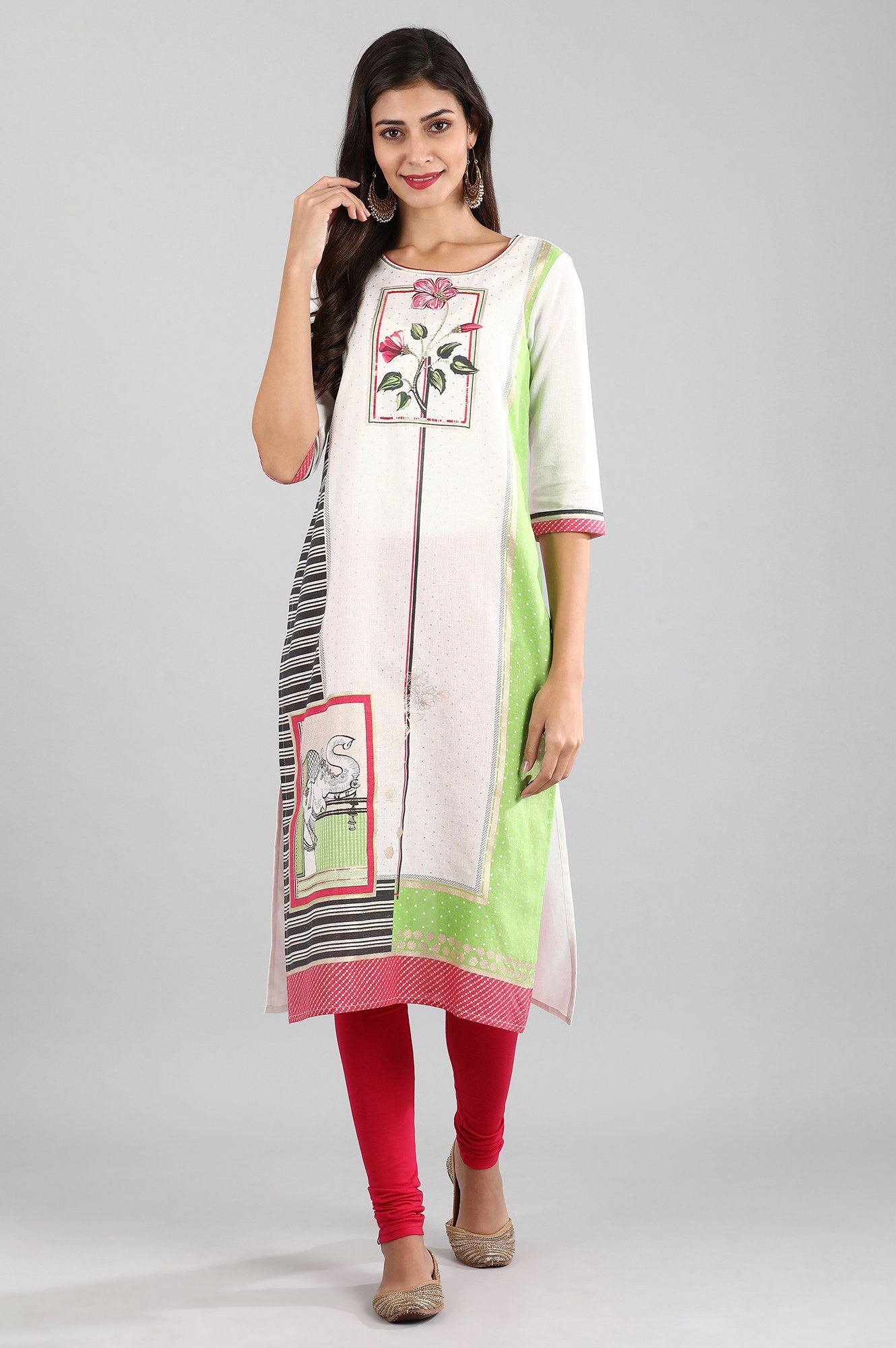 Off-White Round Neck Printed Liva kurta