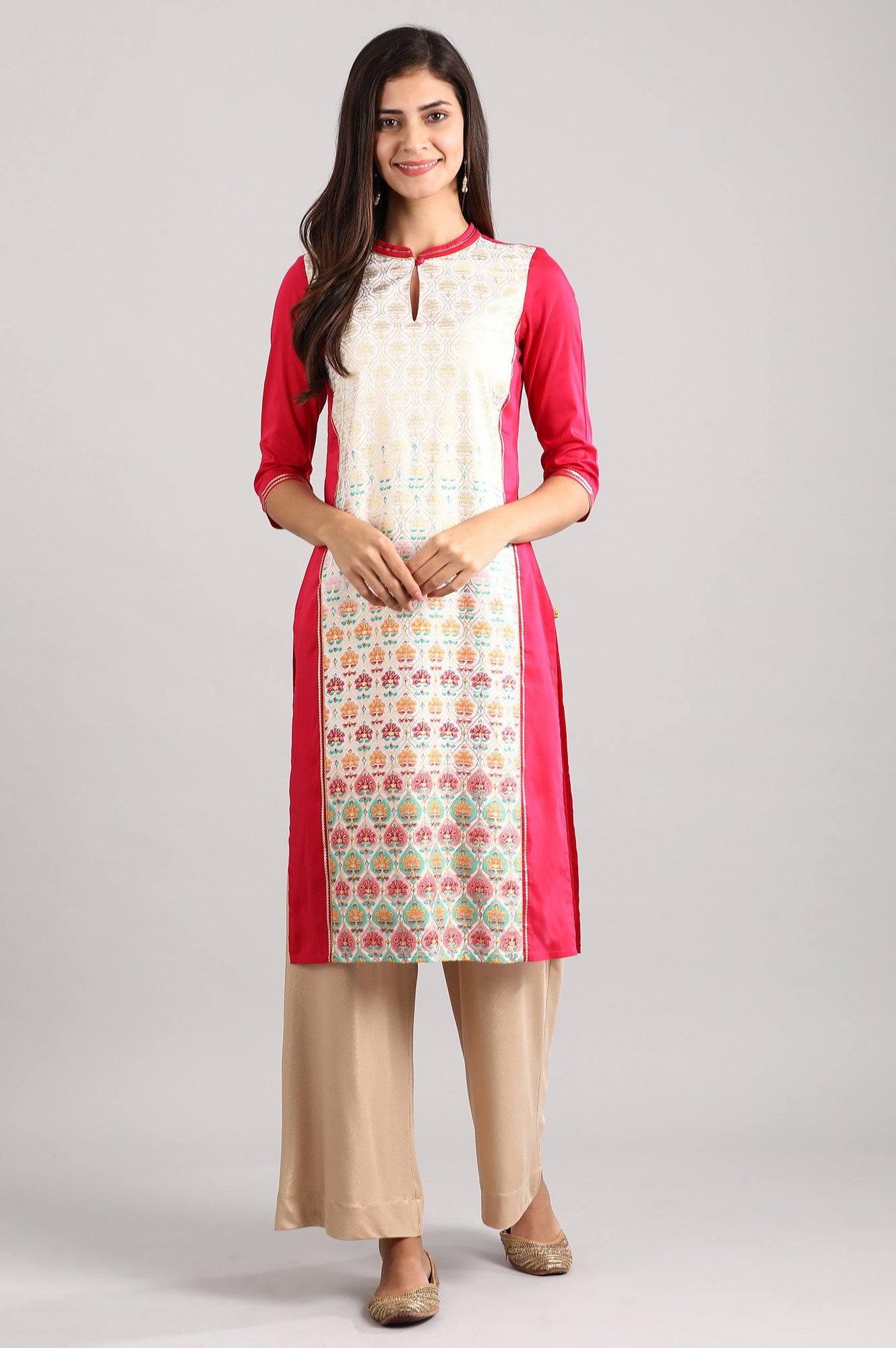 Pink Band Collar Printed Liva kurta