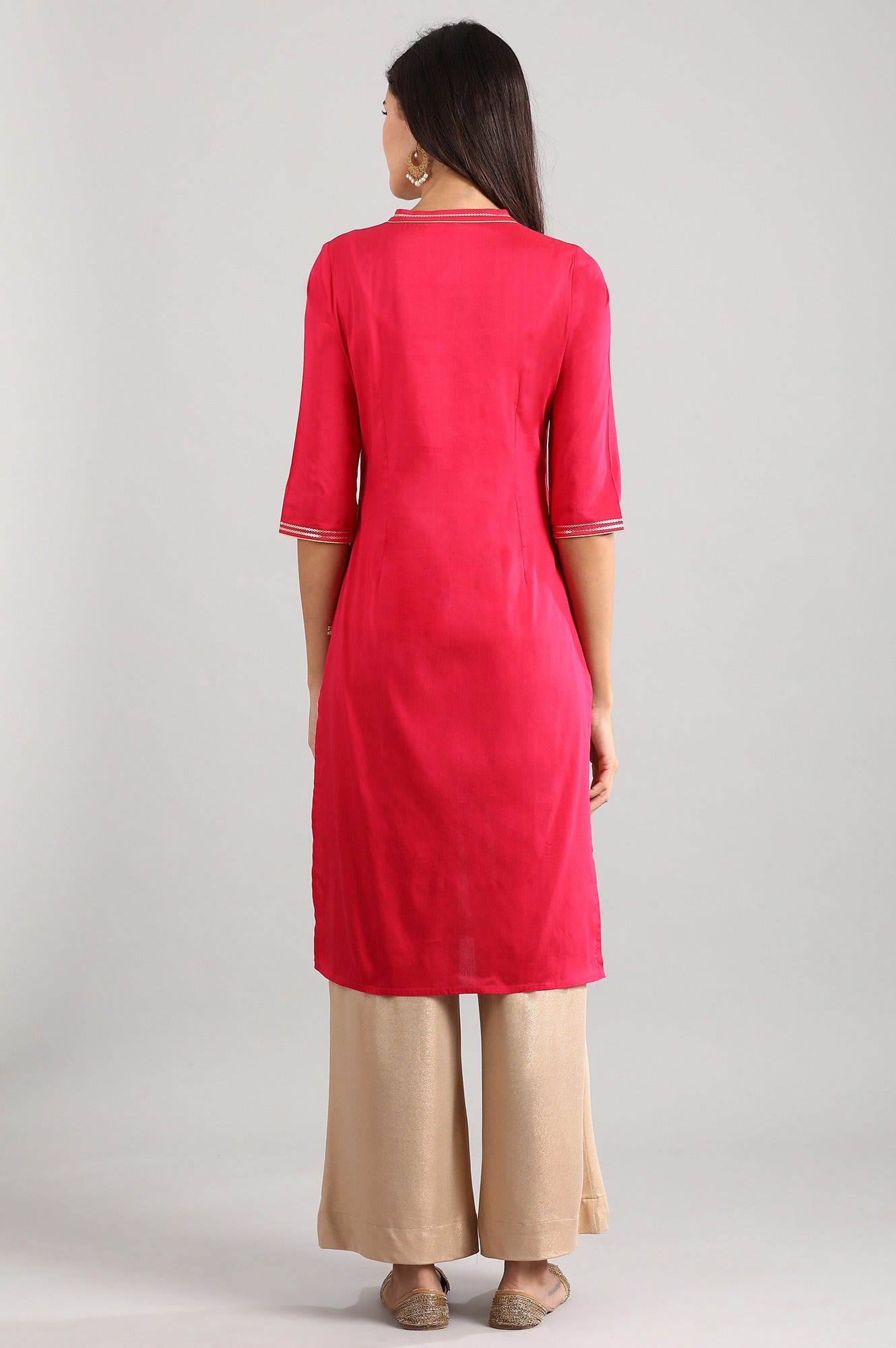 Pink Band Collar Printed Liva kurta