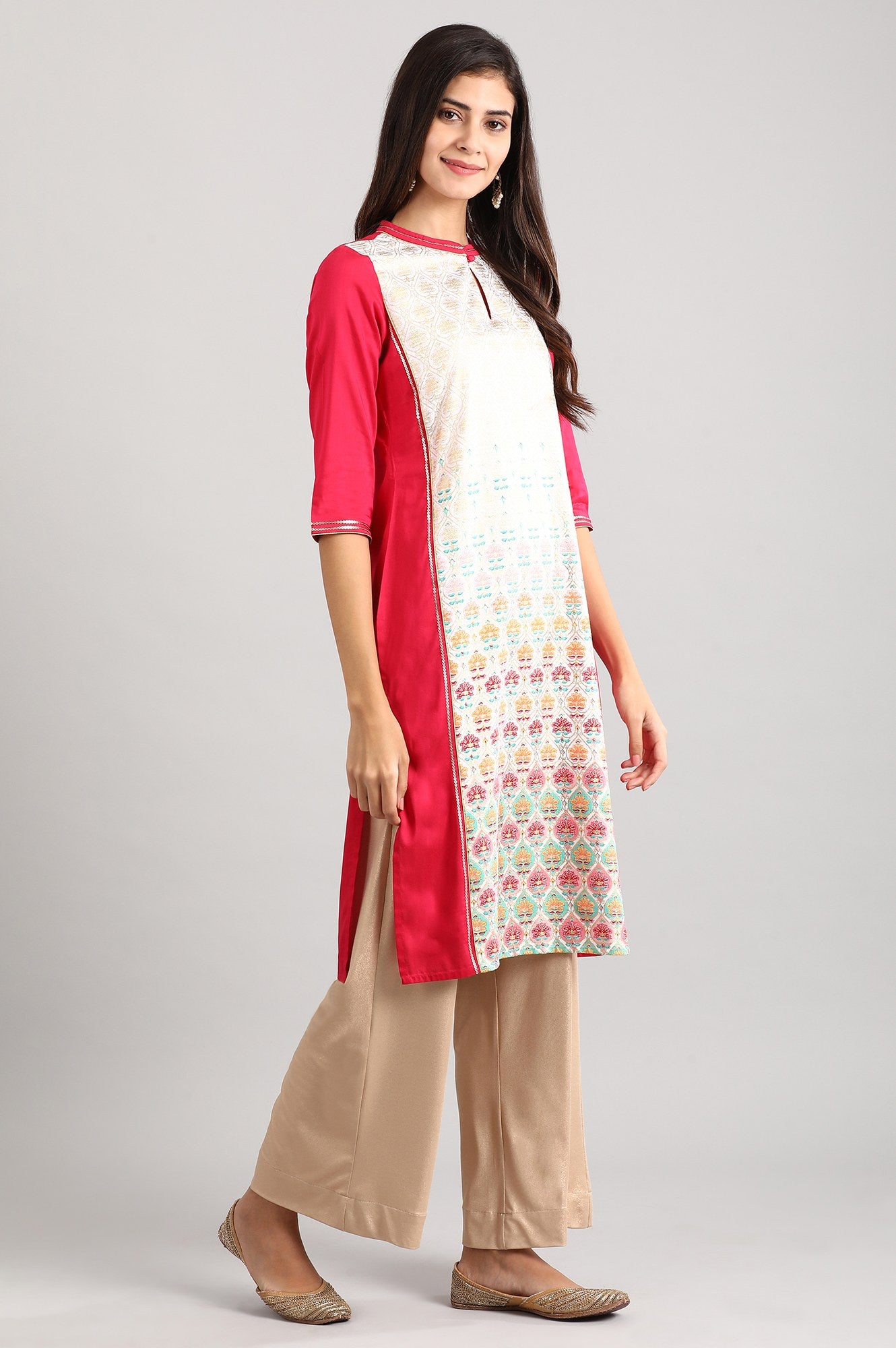 Pink Band Collar Printed Liva kurta