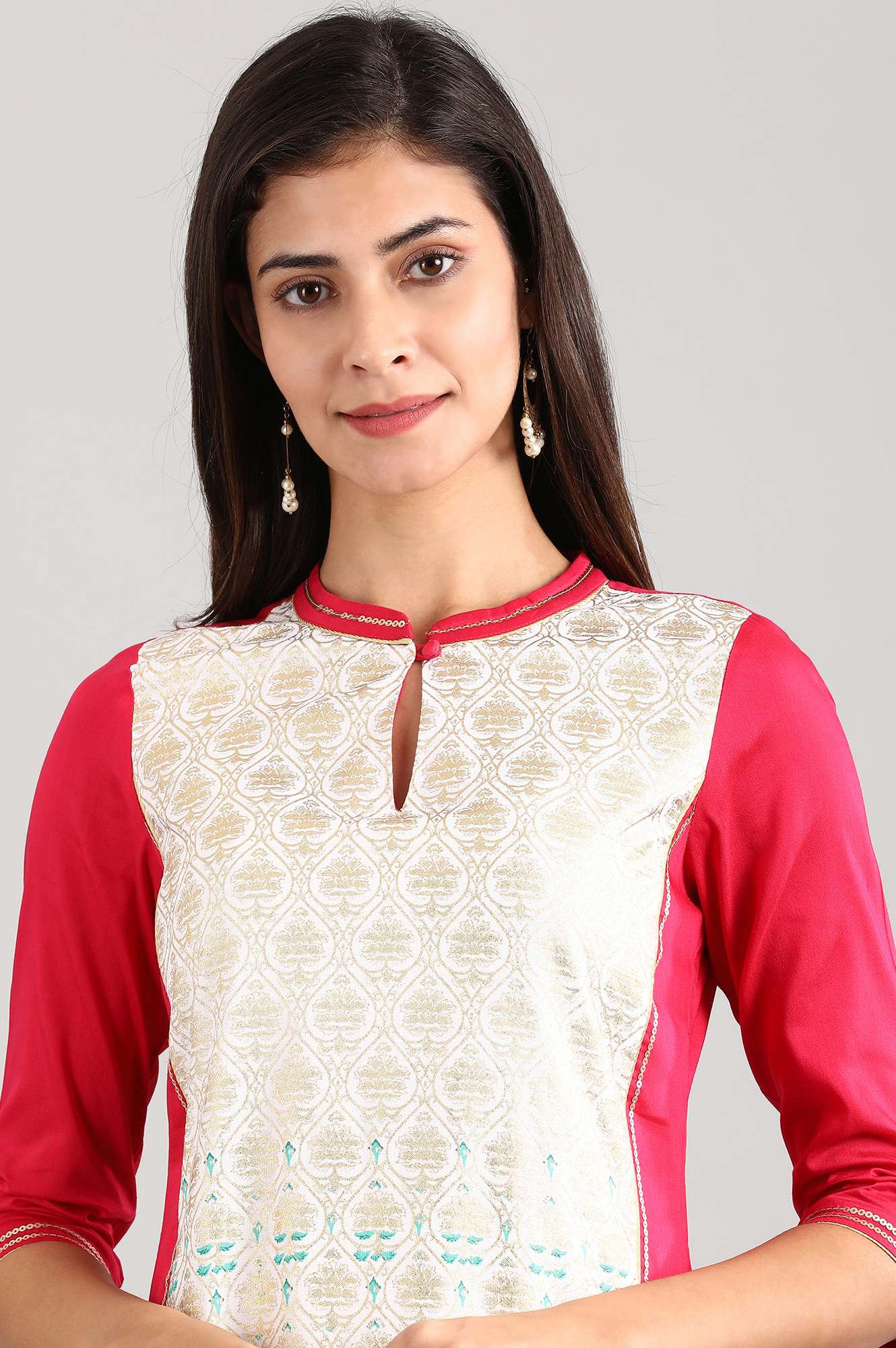 Pink Band Collar Printed Liva kurta