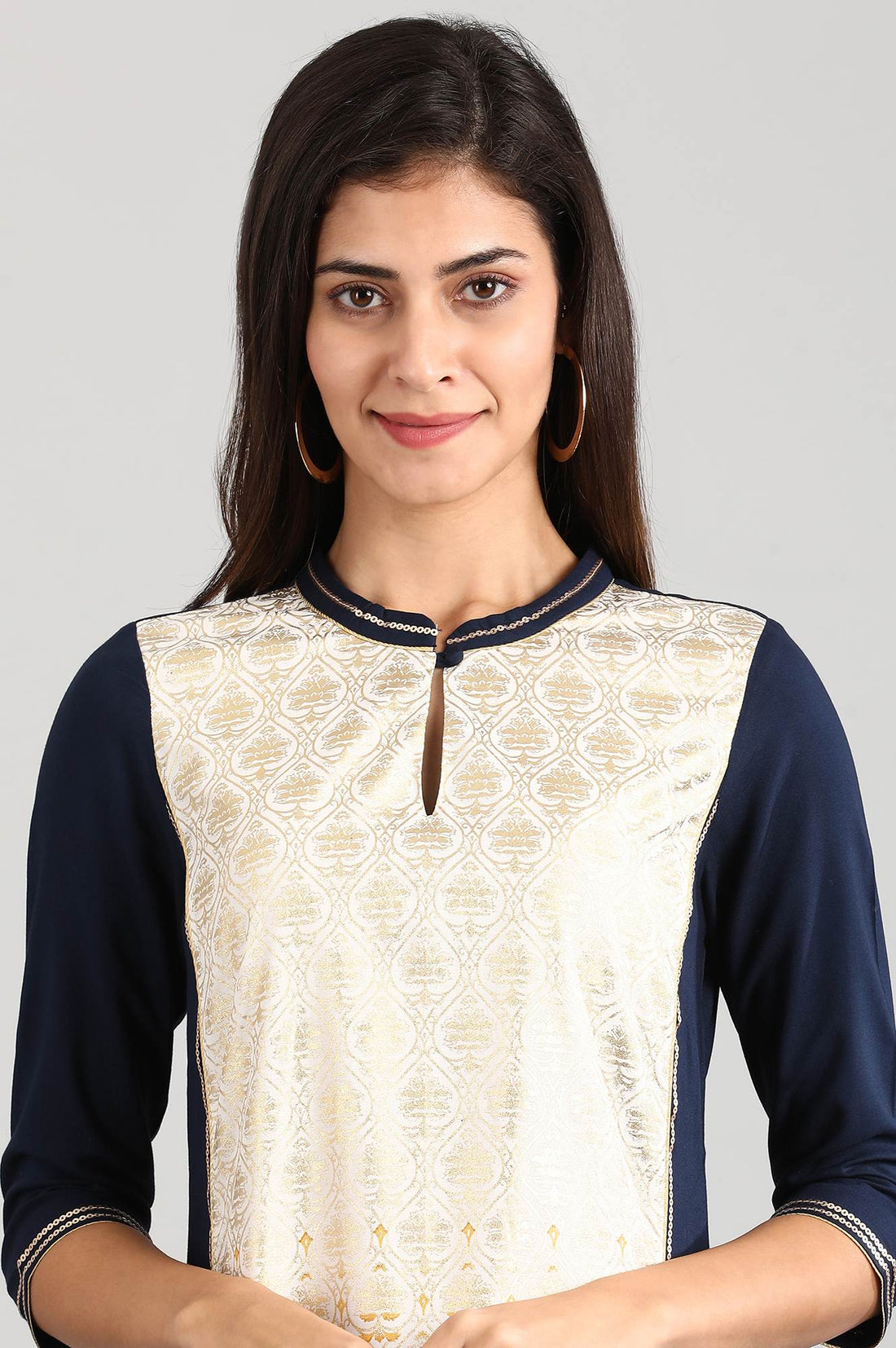 Blue Band Collar Printed Liva kurta