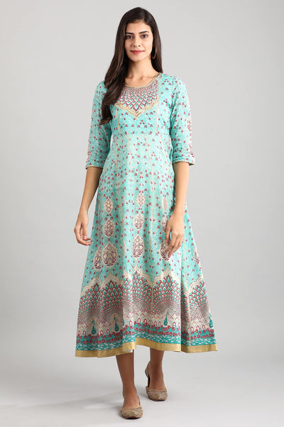 Disha's Green Round Neck Printed Dress