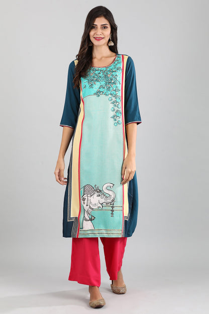 Blue Round Neck Printed Liva kurta