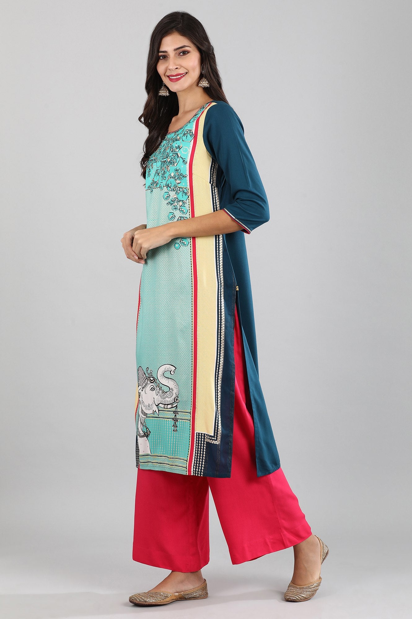 Blue Round Neck Printed Liva kurta