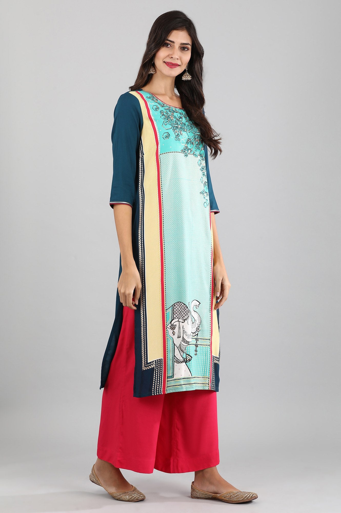 Blue Round Neck Printed Liva kurta