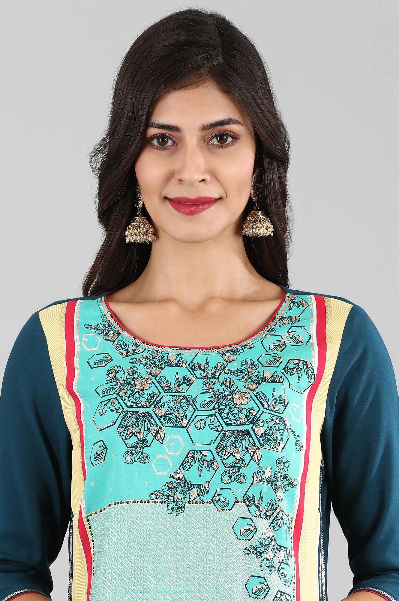 Blue Round Neck Printed Liva kurta