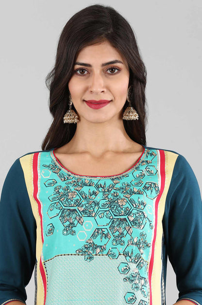 Blue Round Neck Printed Liva kurta