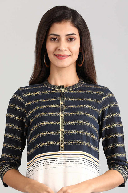 Blue Band Collar Printed Liva kurta