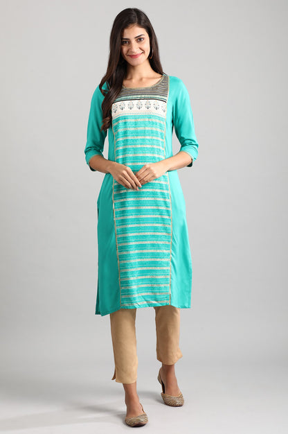 Green Round Neck Printed Liva kurta