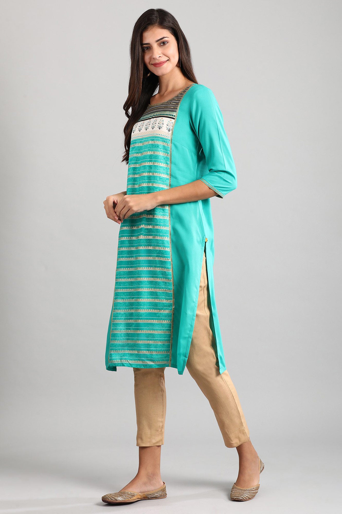 Green Round Neck Printed Liva kurta