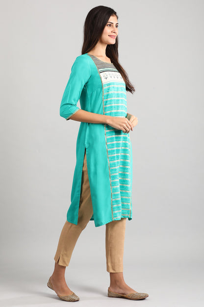 Green Round Neck Printed Liva kurta