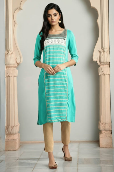 Green Round Neck Printed Liva kurta