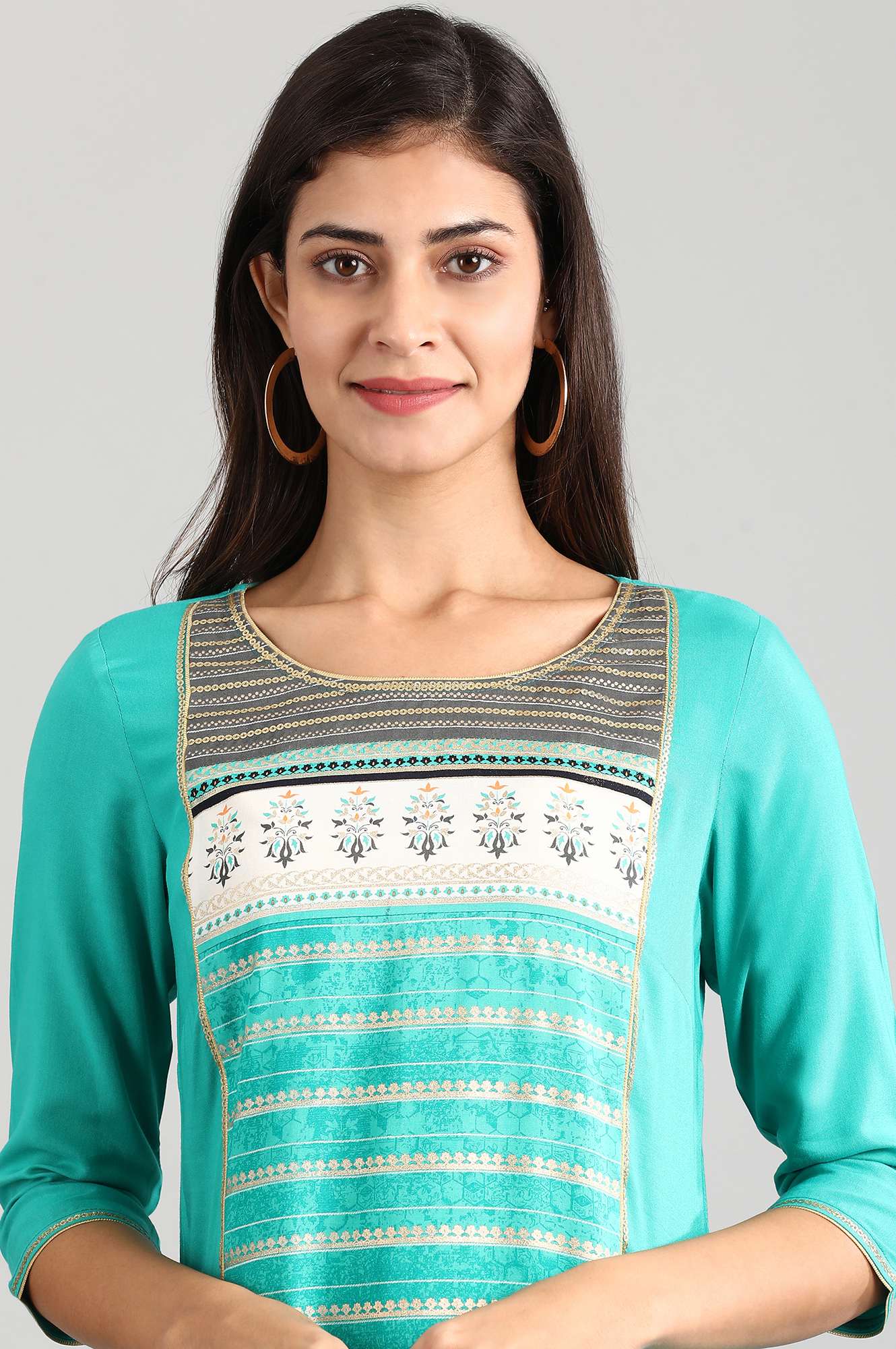 Green Round Neck Printed Liva kurta