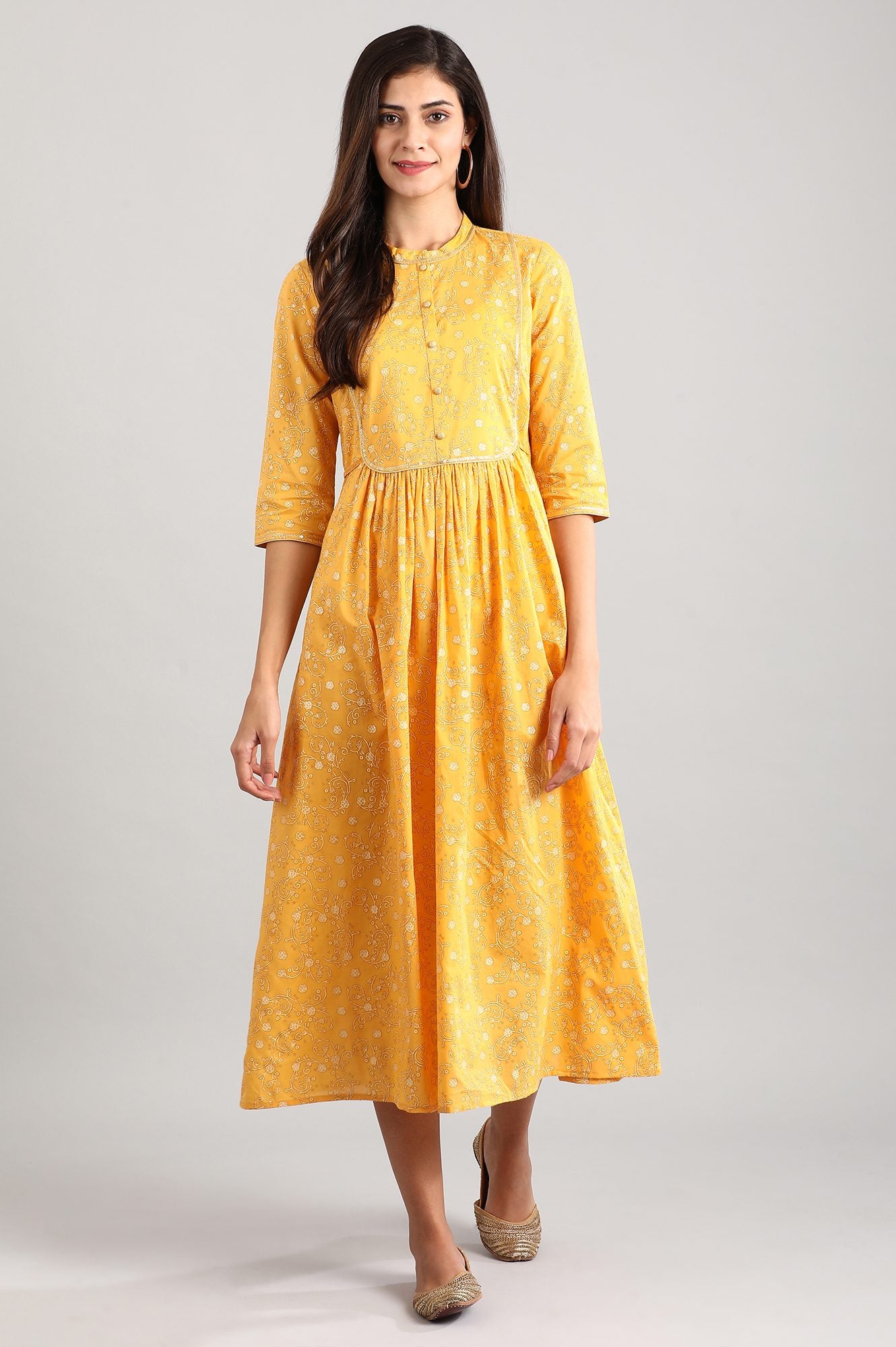 Yellow Band Collar Printed Dress