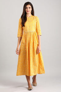 Yellow Band Collar Printed Dress